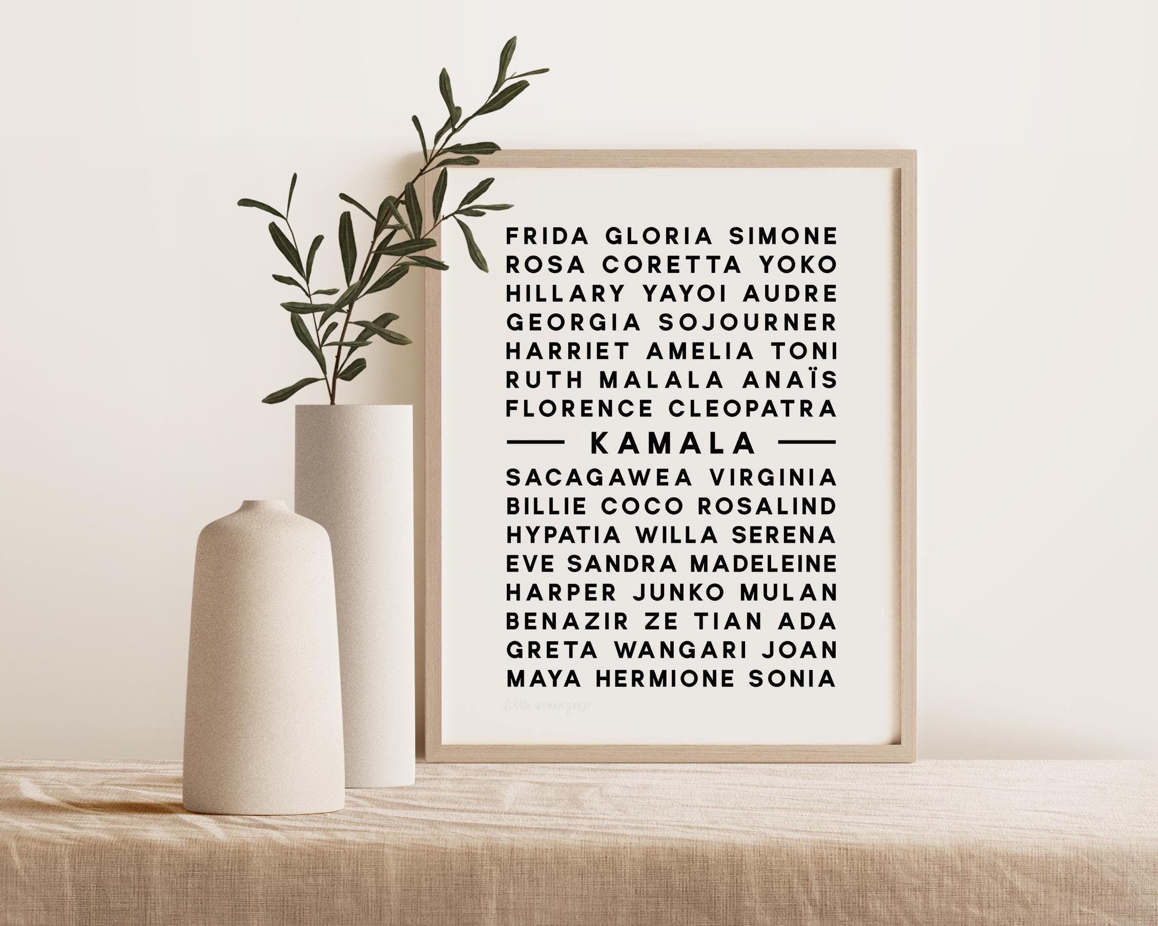 Minimalist art print featuring names of feminist heroes and other important women throughout history, including Kamala Harris