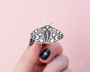 Celestial Moth Girl Enamel Pin- Witchy Feminist Art Cosmic Occult Stars Moon Witch Lapel Pin Astrology Halloween Spooky Accessory